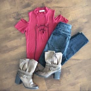 Red cold shoulder sleeve shirt (lace up detail)
